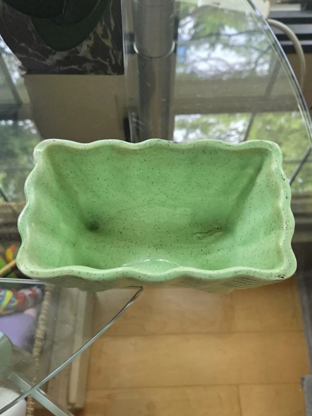 Cookson Pottery Vintage Green White Drip Glaze Planter Dish MCM USA